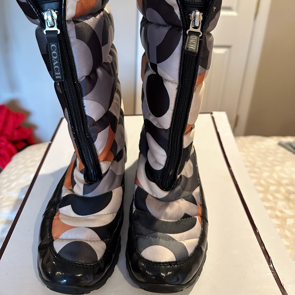 Coach Quilted Black, Gray & Orange Mid-Calf Winter Boots
